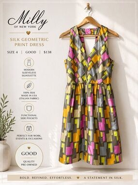 Milly Silk Geometric Print Sleeveless Dress Size 4 Made in USA